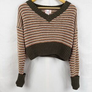 Pink Republic Women's S Brown White Olive Striped V-Neck Cropped Sweater